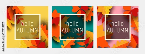 Hello autumn greeting card template set. Fall illustration with paper cut orange, red and yellow leaves.