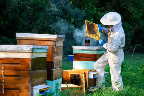 A young man beekeeper works on a beehive near the hives. Natural honey directly from the hive.