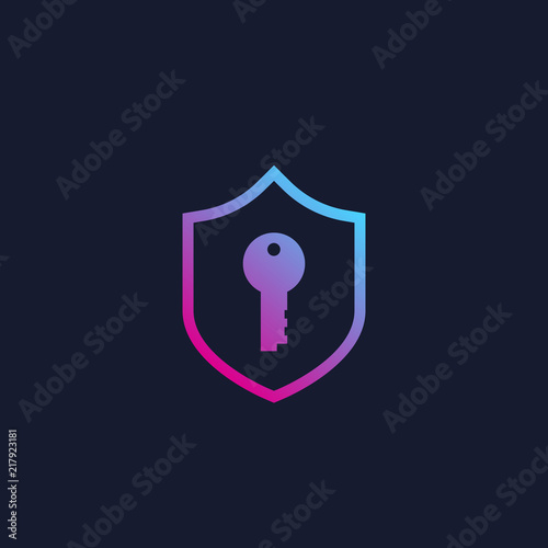 Cybersecurity, access and data protection, shield and key vector icon
