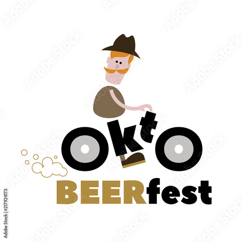 Oktoberfest. A man on a motorcycle, wearing a hat. Text. White background. Isolated object.