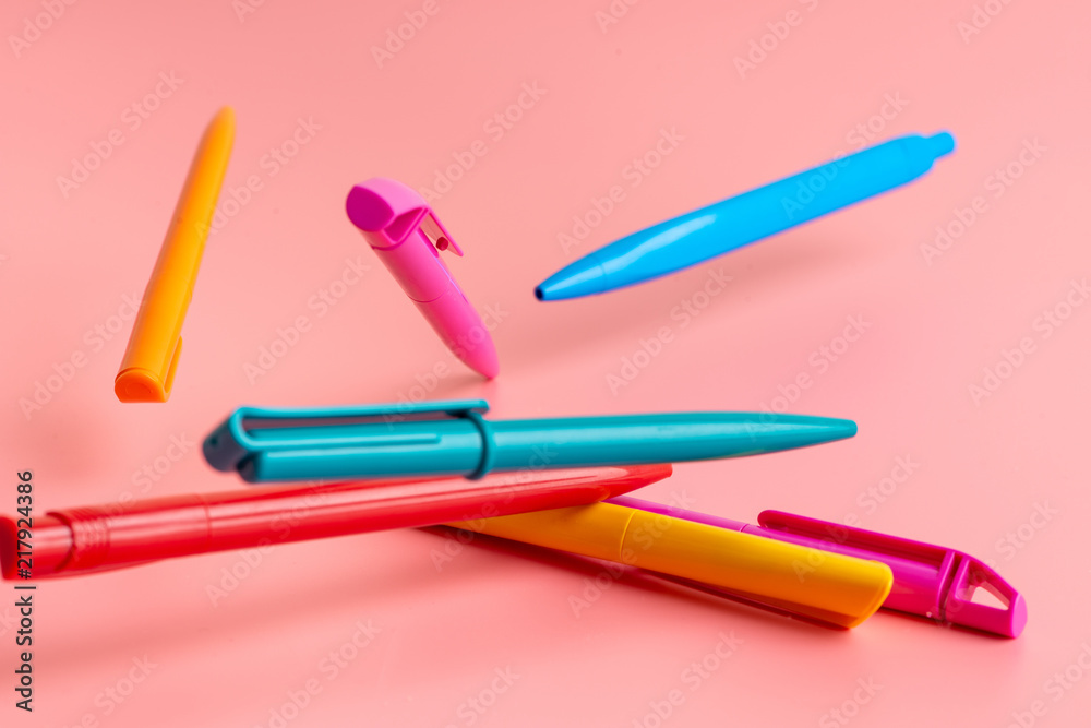 color pen on pink background Back to school Education with copy space colorful color pen on pink background Back to school Education with copy space colorful