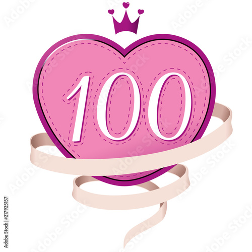 Pink Heart with a Crown, Ribbon and Number 100