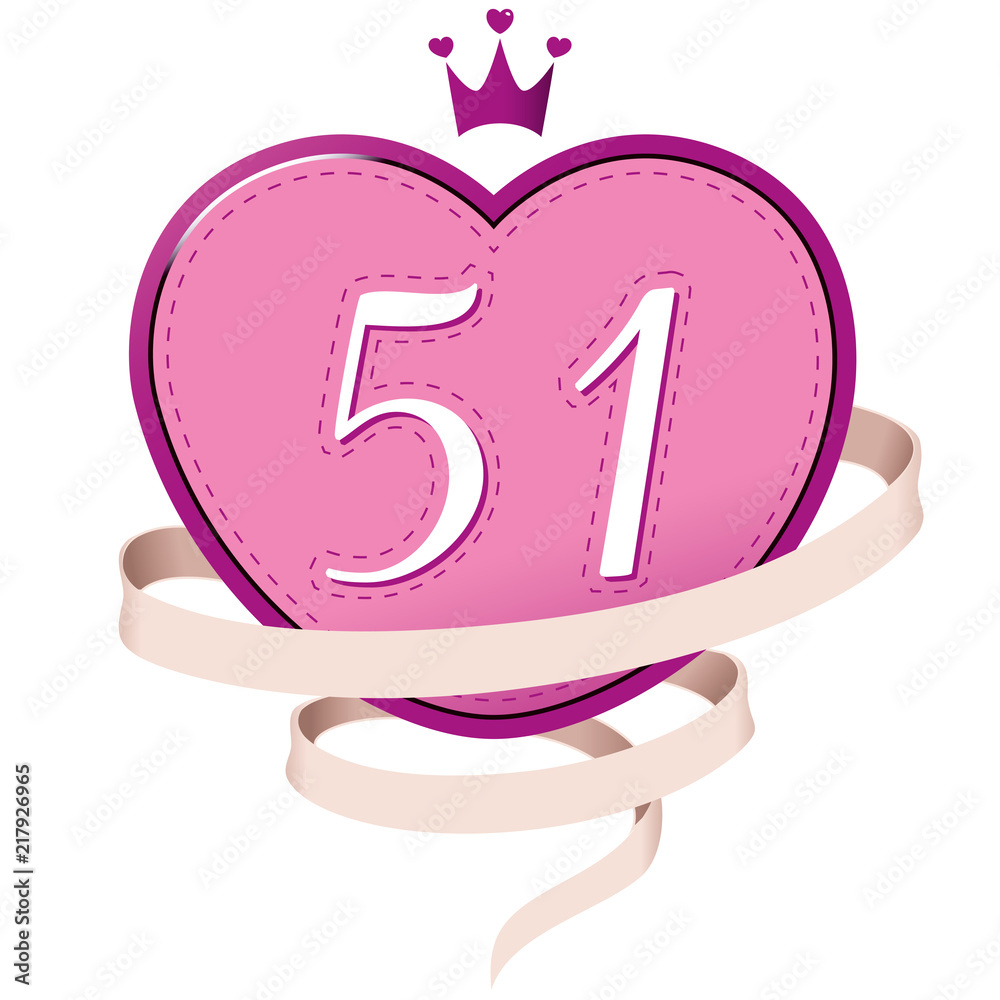 Pink Heart with a Crown, Ribbon and Number 51 Pink Heart with a Crown, Ribbon and Number 51