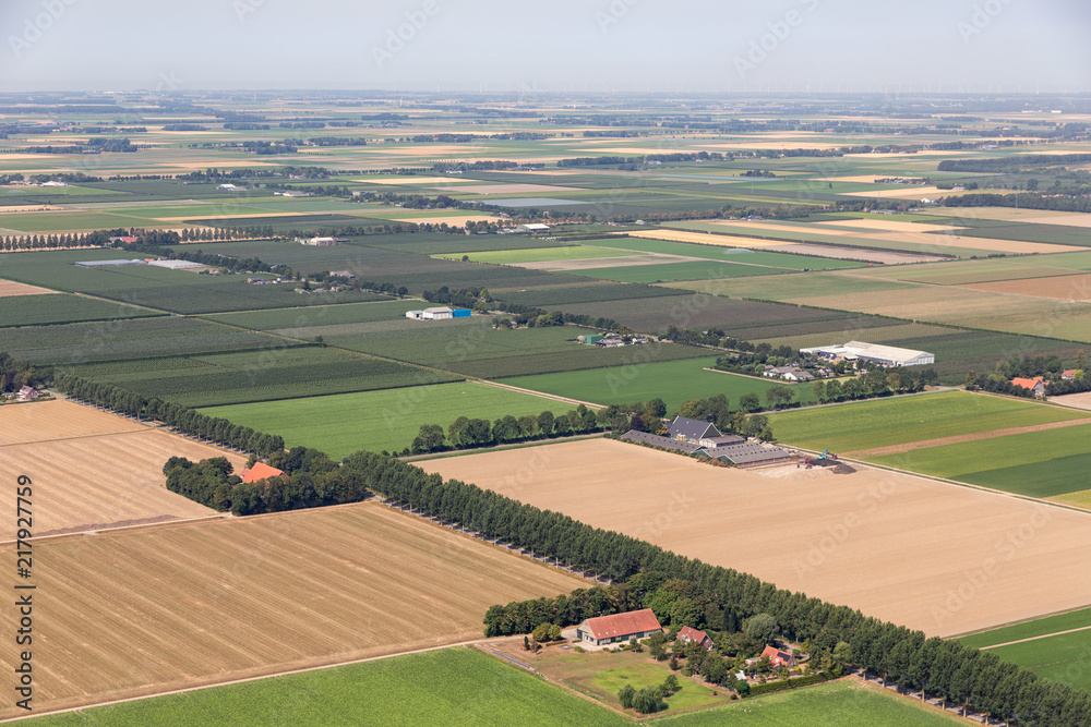 Aerial view Dutch polder Noordoostpolder with farmhouses and agricultural landscape