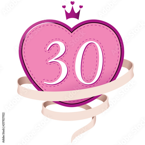 Pink Heart with a Crown, Ribbon and Number 30