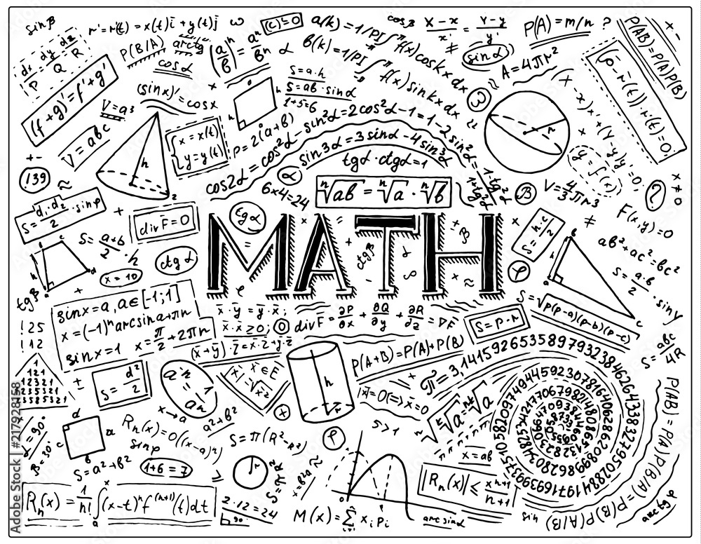 Scientific formulas and calculations in physics and mathematics on whiteboard. The lesson of algebra and geometry in school. Education and Science. engraved hand drawn in old sketch and vintage style.