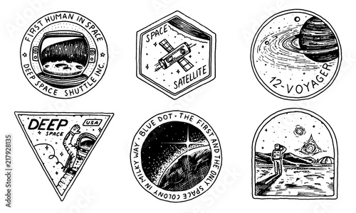 Vintage Space logo. Exploration of the astronomical galaxy. mission astronaut or spaceman. cosmonaut adventure. Planets and satellites badge emblem patch sticker. engraved hand drawn sketch.