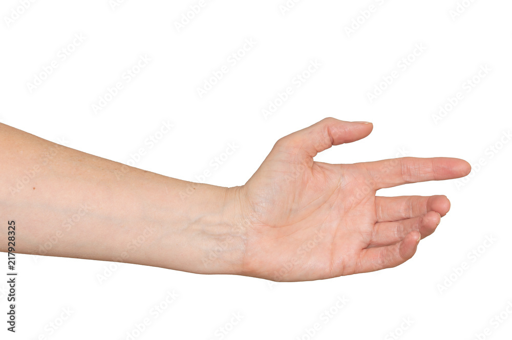 Caucasian woman's hand reaching out to offer help or receive assistance. Isolated on white. Caucasian woman's hand reaching out to offer help or receive assistance. Isolated on white.