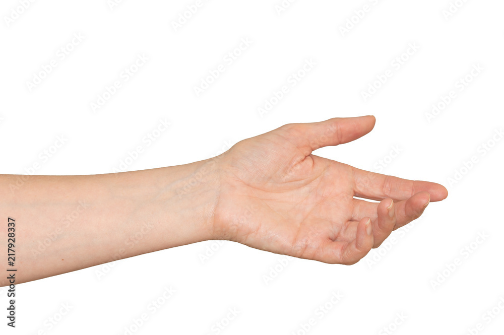 Caucasian woman's hand outstretched in a helping hand, caring gesture. Isolated on white.