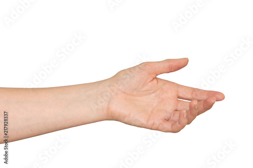 Caucasian woman's hand outstretched in a helping hand, caring gesture. Isolated on white.