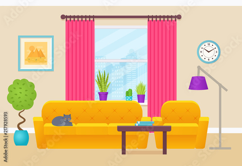 Living room interior. Vector illustration. Lounge with furniture, window, cat. Home background in flat design. Cartoon house equipment.