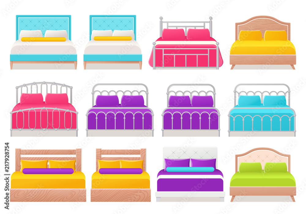 Bed. Vector. Furniture icon in flat design for bedroom, hotel room ...