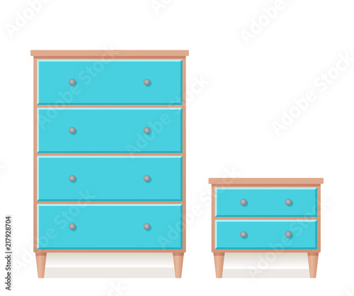 Drawer chest, dresser, bedside table. Vector. Furniture icon in flat design. Wooden cartoon house equipment for bedroom and living room isolated on white background.