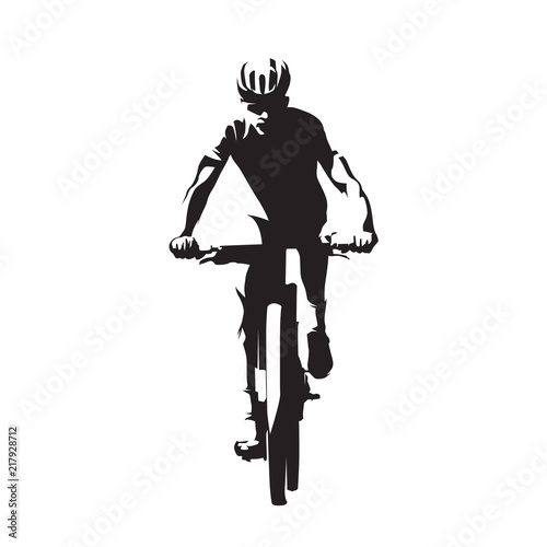 Mountain bike cycling, mtb, isolated vector silhouette. Downhill cyclist, front view