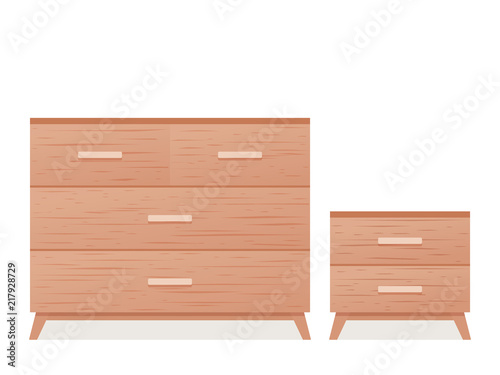 Drawer chest, dresser, bedside table. Vector. Wooden textured furniture icon in flat design. House equipment for living room and bedroom isolated on white background. Cartoon illustration.