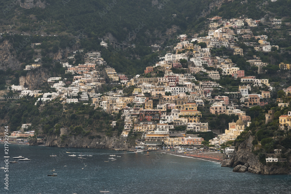 View of a town at coast, Laurito, Amalfi Coast, Salerno, Campania, Italy