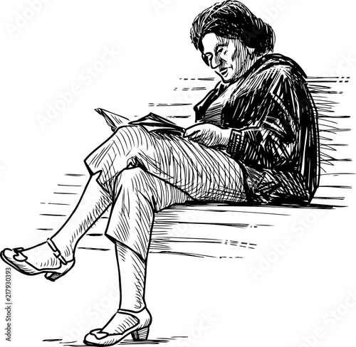 Sketch of an elderly woman reading a book on a park bench
