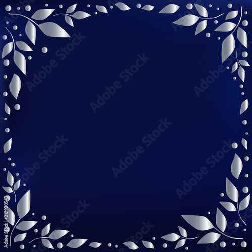Blue background stylized as blue velvet decorated with silver leaves and dots in form of circle for decoration, scrapbooking paper, wedding invitation, greeting card, text, frame, family tree, cover