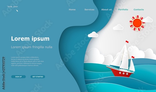 Landing page Tourism, sea voyage. Sailboat, ocean, clouds, sun. Paper cut