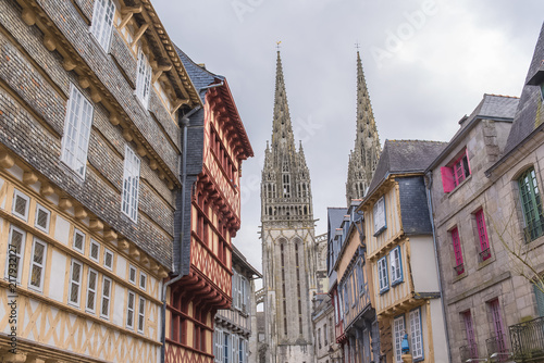 Quimper in Brittany, the Saint-Corentin cathedral, medieval street 
