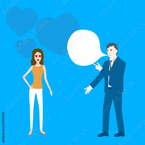 Flat design cartoon vector of a girl with heart signs attracted to a speaking businessman.