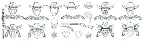 Cowboy Set for design. Hand drawn cowboy hat. Cartoon character man in the wild west. Retro Rifle and revolver. Sheriff's Badge. Western. Elements of the Wild West. Vector graphics to design