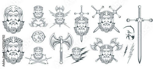 Zeus - the ancient Greek god of heaven, thunder and lightning. Greek mythology. Two-sided ax labrys and eagle. Olympian gods collection. Hand drawn Man Head. Bearded man. Vector graphics to design photo