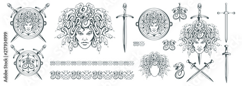 Gorgon Medusa - monster with a female face and snakes instead of hair. Sword. Medusa head. Greek mythology. Hand drawn traditional Greek ornament. Snake tattoo. Vector graphics to design