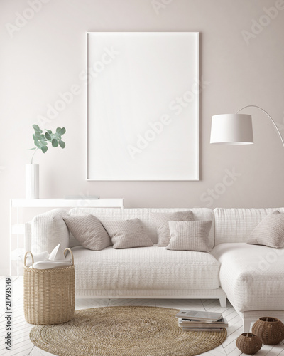 mock up poster frame in hipster interior background, Scandinavian style, 3D render, 3D illustration © mtlapcevic