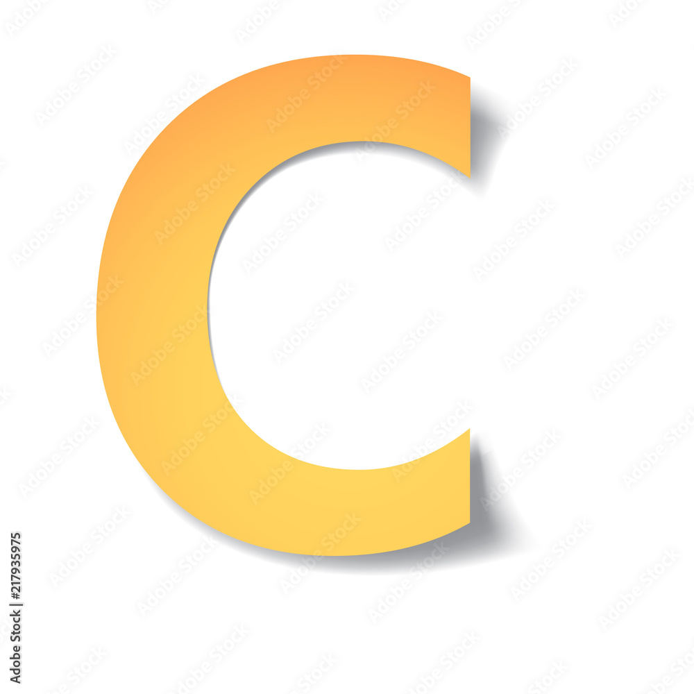 yellow-gold letter C carved from paper with soft shadow.Vector origami yellow-gold letter C carved from paper with soft shadow.Vector origami