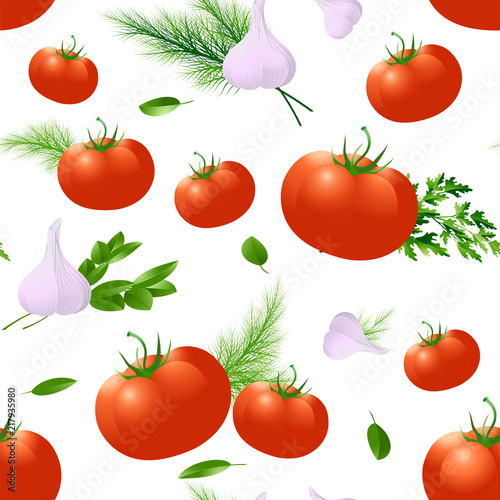 Tomato, spices and herbs. Seamless pattern