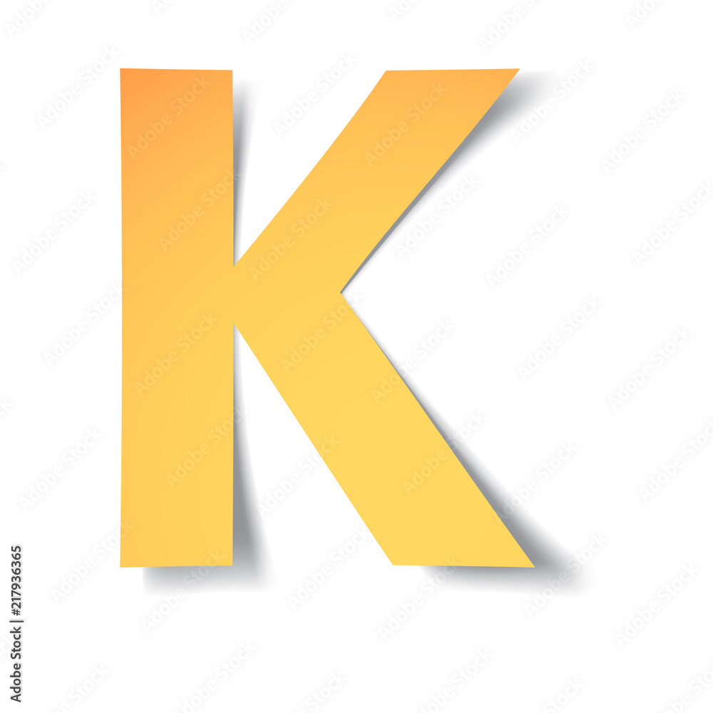 yellow-gold letter K carved from paper with soft shadow.Vector origami yellow-gold letter K carved from paper with soft shadow.Vector origami