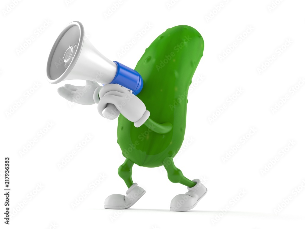 Naklejka premium Cucumber character speaking through a megaphone
