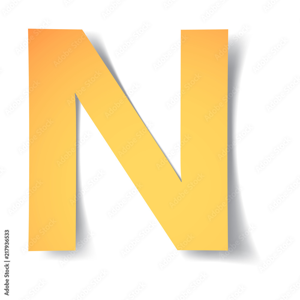 yellow-gold letter N carved from paper with soft shadow.Vector origami yellow-gold letter N carved from paper with soft shadow.Vector origami