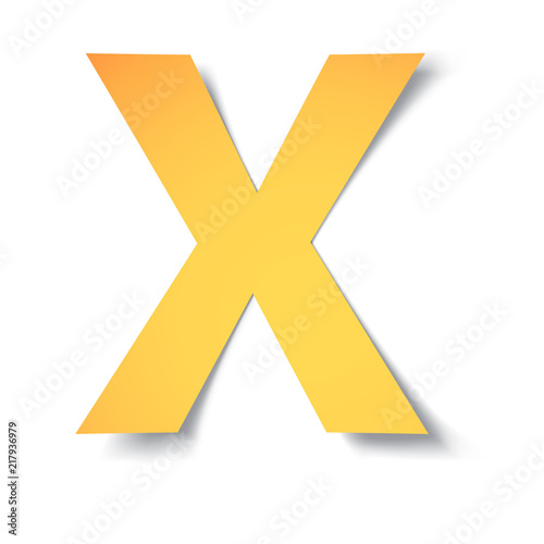 yellow-gold letter X carved from paper with soft shadow.Vector origami