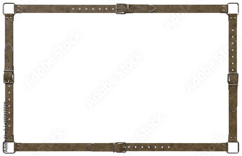 A decorative frame, made of four brown leather belts, with classic chrome buckles and rivets. 3D rendering
 photo