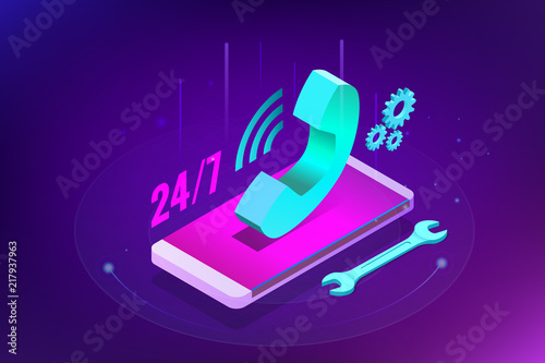 Web page design templates for call center support 24-7. Isometric 24 hours open customer service. Vector illustration Customer Service, Support or CRM