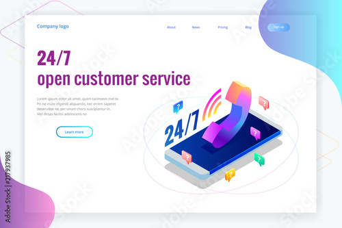 Web page design templates for call center support 24-7. Isometric 24 hours open customer service. Vector illustration Customer Service, Support or CRM
