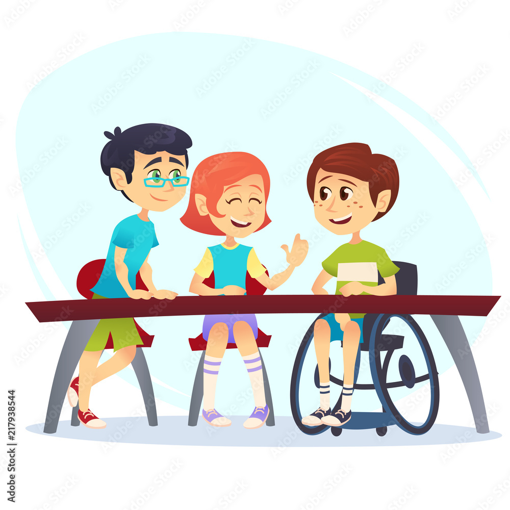 Boy in wheelchair sitting at table in canteen and talking to friends. Happy  kids students having conversation. School inclusion concept. Cartoon vector  illustration Stock Vector | Adobe Stock