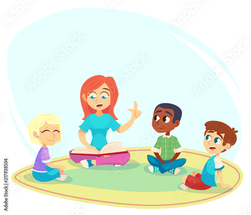 Female teacher read book, children sit on floor in circle and listen to her. Preschool activities and early childhood education. Cartoon vector illustration for poster, website