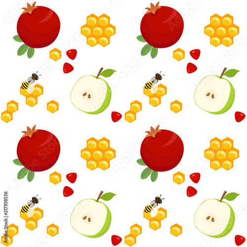 Pomegranates, apples, honeycomb and bee, seamless pattern