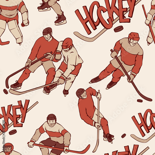 Retro hockey player goalkeeper in sports uniform seamless background. Vintage pattern sportsmans motion with hockey stick and puck different race. Vector outline illustration and inscription letters.