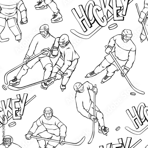 Vector pattern hockey player goalkeeper in sports uniform and inscription letters. Black white outline seamless background. Vintage sportsmans motion with hockey stick and puck in different race.