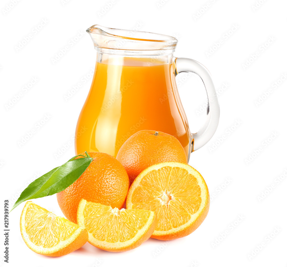 orange juice with orange and green leaf isolated on white background. juice in jug orange juice with orange and green leaf isolated on white background. juice in jug