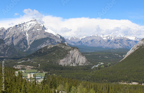  Panoramic view of Rocky Mountains, Banff and Bow river on a sunny summer day.