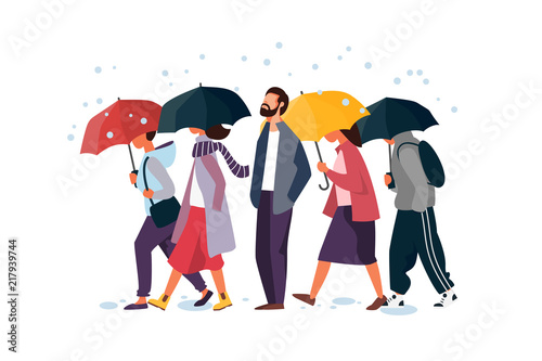 People holding umbrella, walking under the rain. Man and woman autumn characters vector illustration.