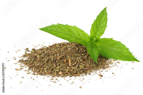 Fresh mint leaves with dried mint leaves isolated on white background