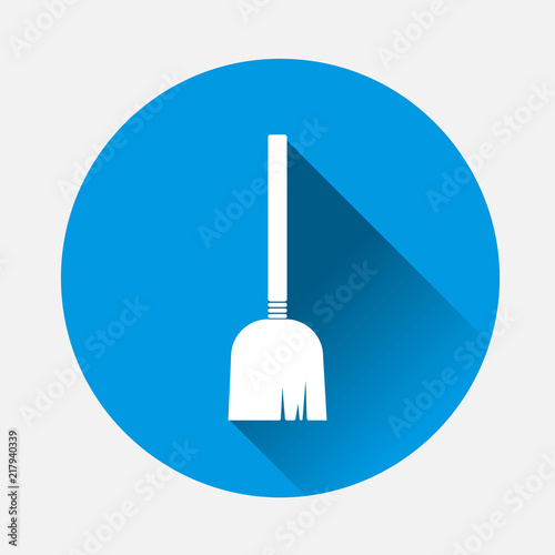 Vector image  broom. Vector illustrationon mop on blue background. Flat image broom icon with long shadow. Layers grouped for easy editing illustration. For your design.