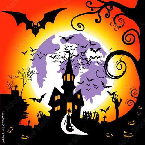 Halloween night with Moon and bats, Vector illustration EPS 10