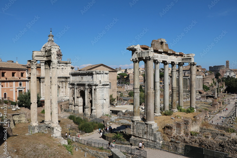 Arch of Septimius Severus and Temple of Saturn in Forum Romanum, Italy